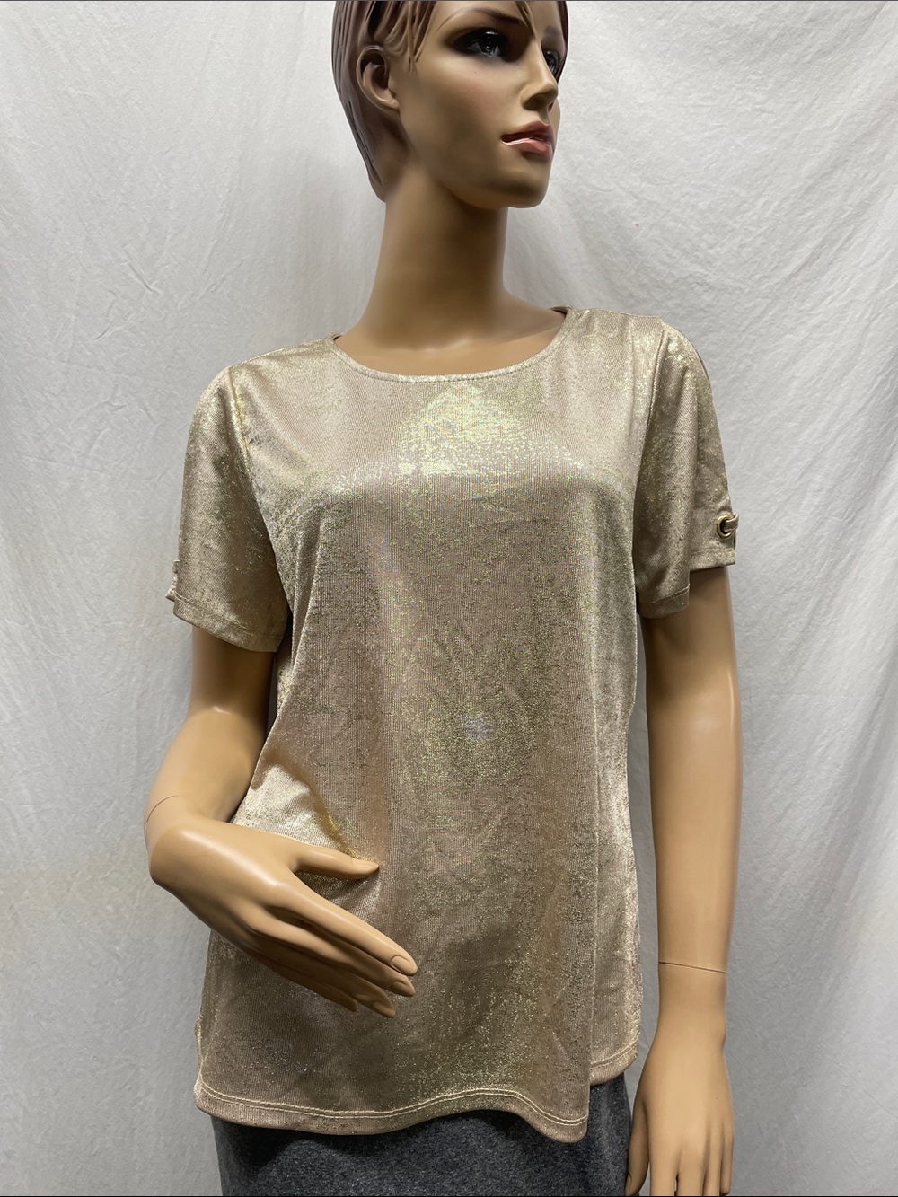 Park & Main Women's Shimmering Gold Slit Accent Short Sleeve Top
